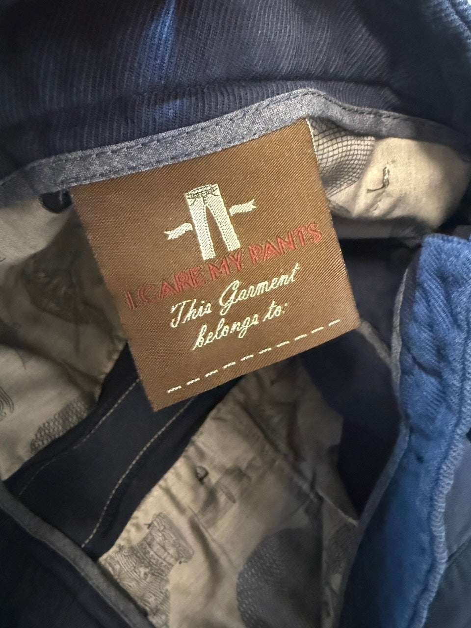 Nordic Jeans Co. BERWICH navy chino trousers interior label with I CARE MY PANTS branding and patterned lining