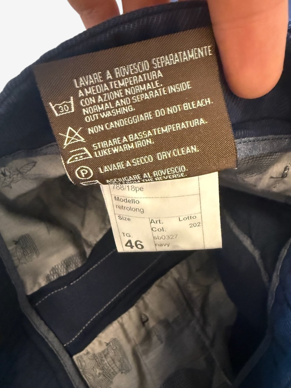 Nordic Jeans Co. Berwich navy cotton chino trousers interior care label with size 46 and model details