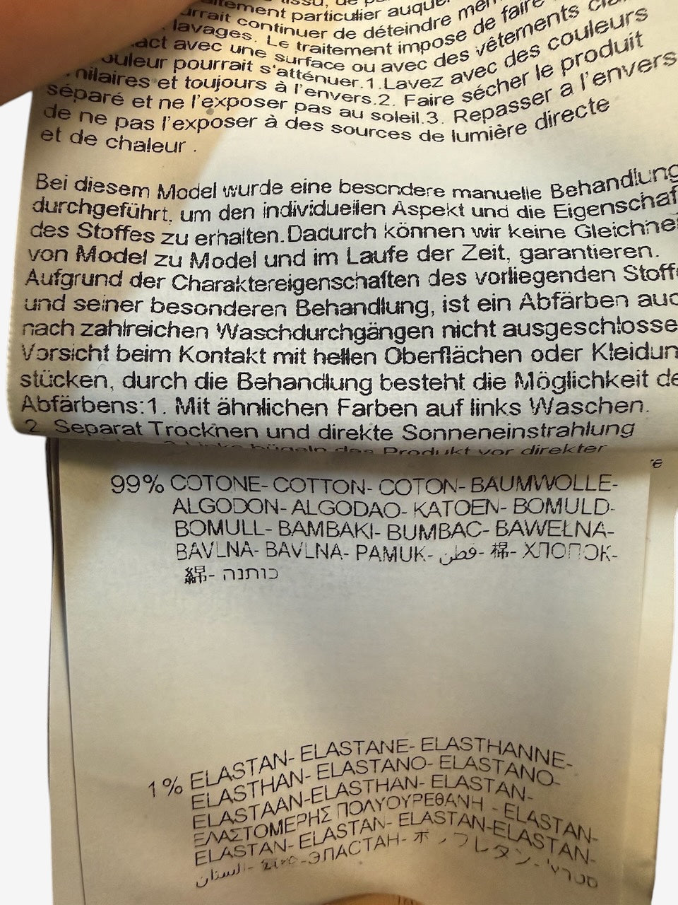 Nordic Jeans Co. REPLAY Marty denim jeans care label showing 99 percent cotton and 1 percent elastane composition
