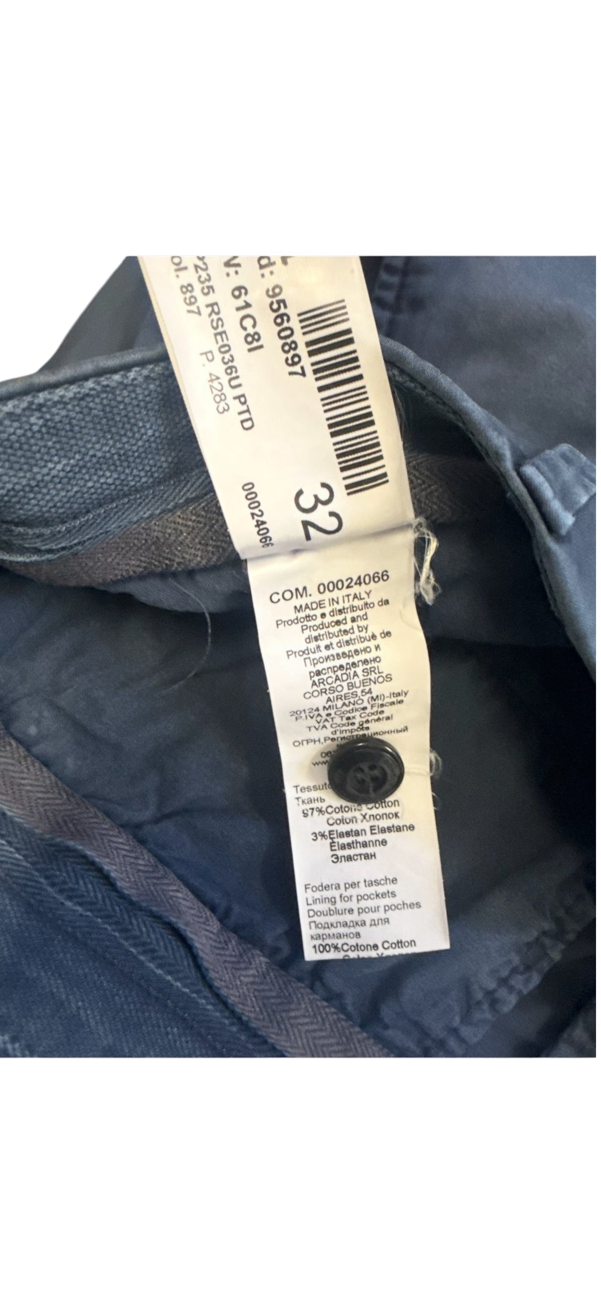 Nordic Jeans Co. Dondup blue-grey slim fit chino trousers care label showing material composition and origin