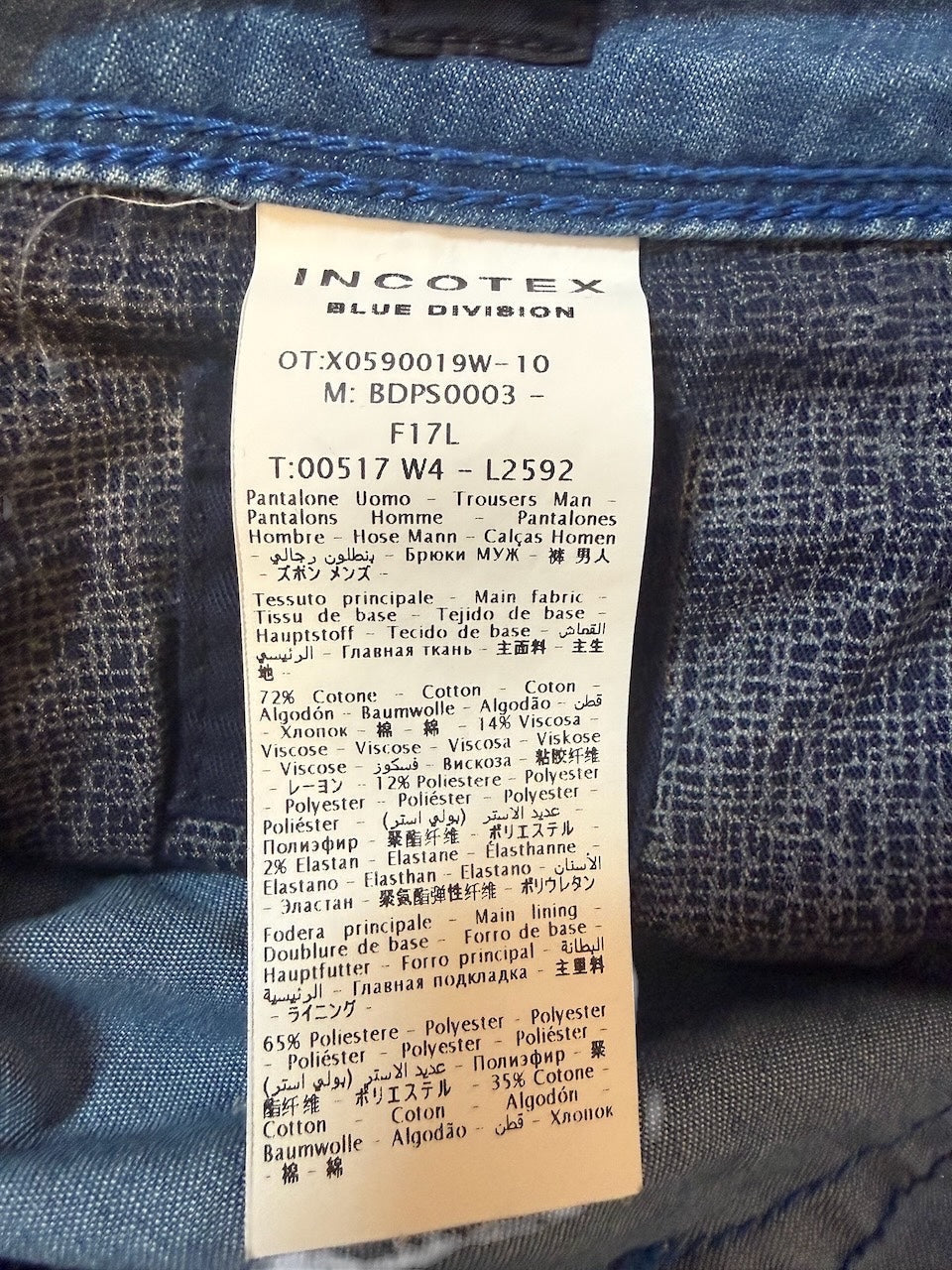Nordic Jeans Co. Incotex Blue Division denim jeans care label showing material composition and Italian origin