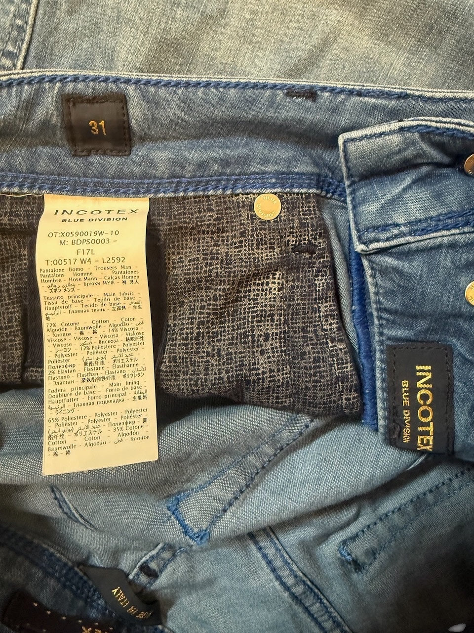 Nordic Jeans Co. Incotex Blue Division denim jeans interior label showing fabric composition and Italian craftsmanship