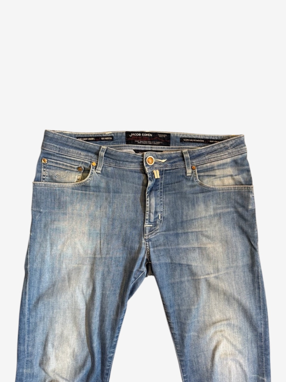 Nordic Jeans Co. Jacob Cohen light-wash tailored denim jeans with signature branded hardware and button fly closure.