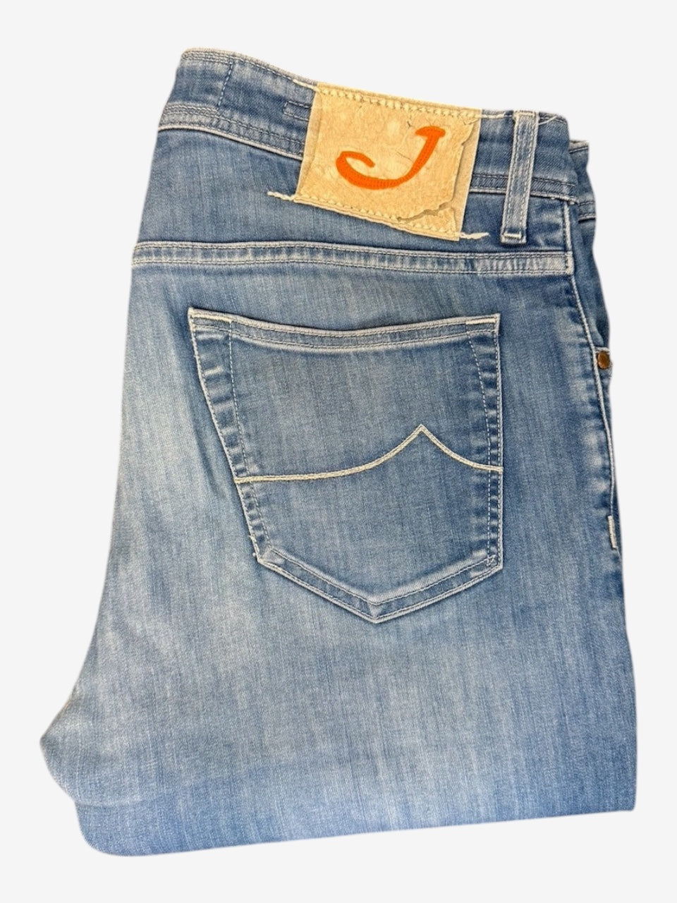 Nordic Jeans Co. light wash Jacob Cohen tailored denim jeans featuring a signature leather back patch and pocket detail