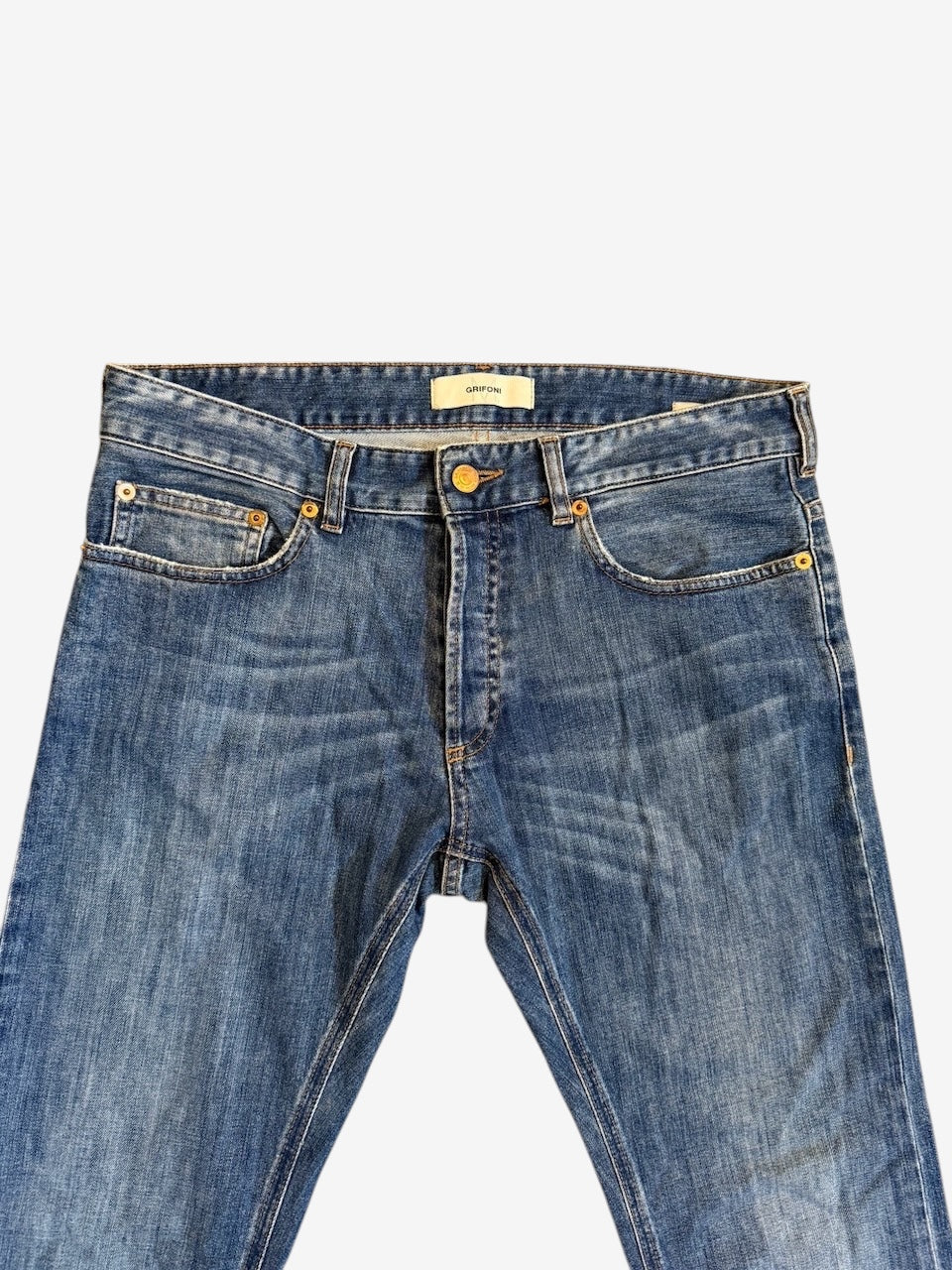 Nordic Jeans Co. Mauro Grifoni Rocco regular fit denim jeans in a medium blue wash with subtle fading and button fly.