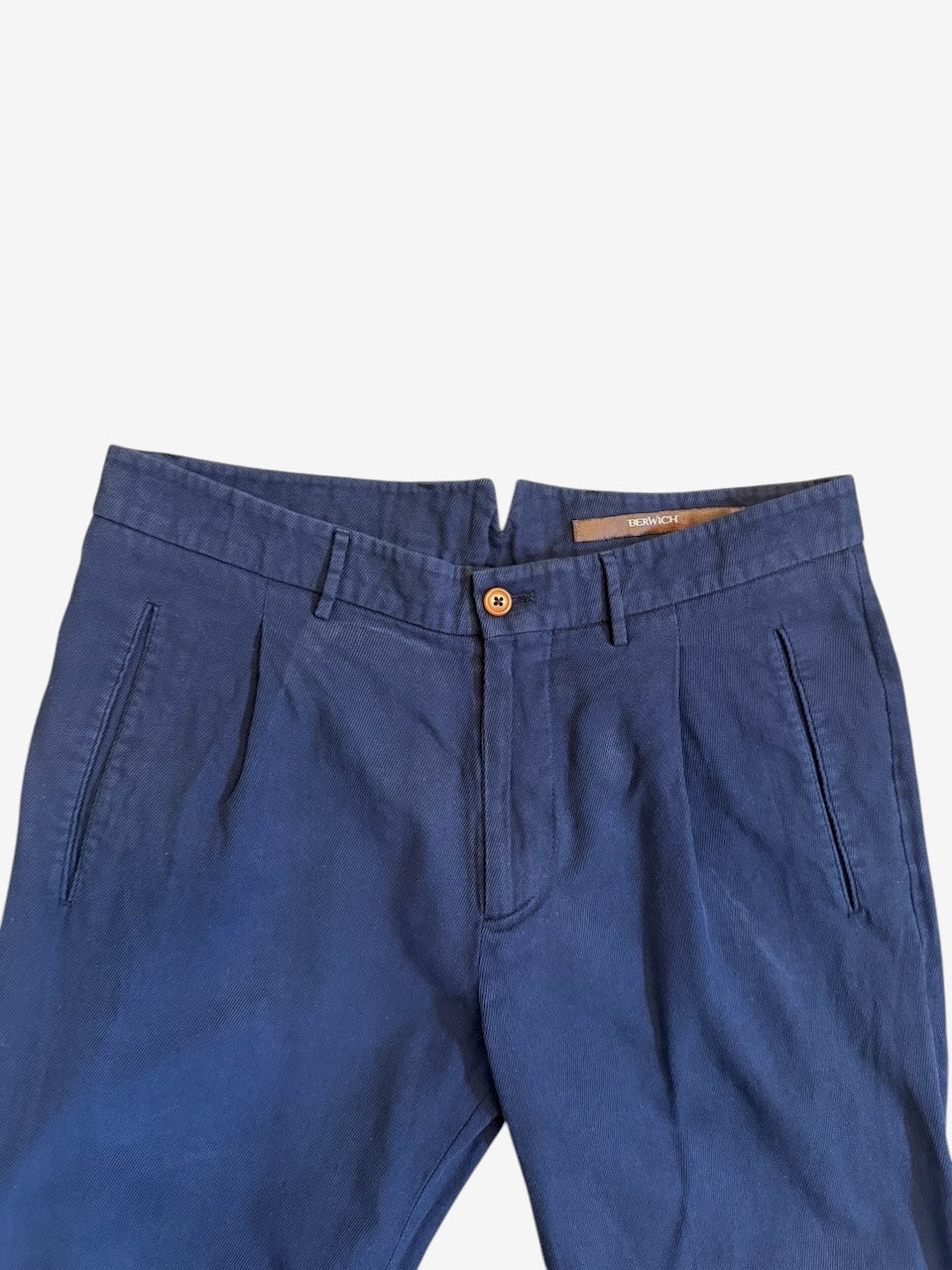 Nordic Jeans Co. navy BERWICH tailored cotton chino trousers with pleats and button closure