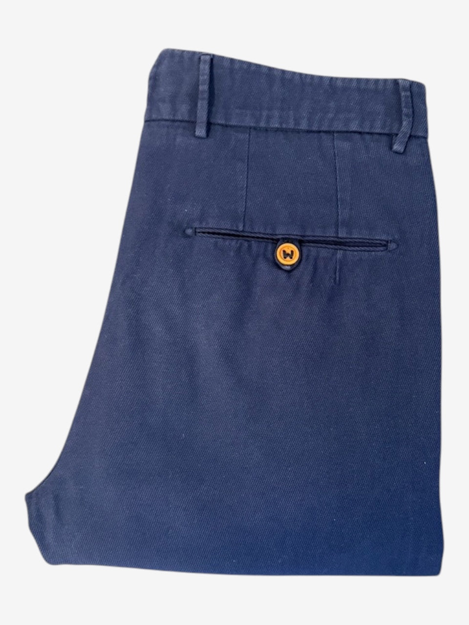 Nordic Jeans Co. navy cotton chino trousers featuring a tailored fit, back pocket with button, and Italian design.