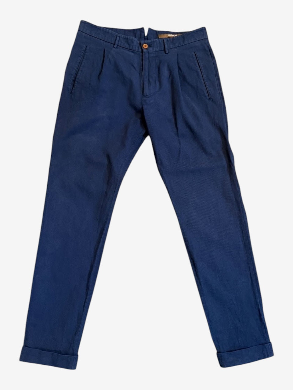 Nordic Jeans Co. navy BERWICH tailored cotton chino trousers with pleats and cuffed hems.