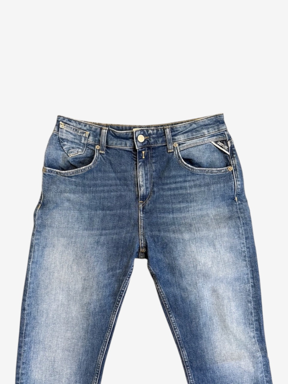 Nordic Jeans Co. REPLAY Marty regular fit denim jeans in a medium-blue wash with authentic whiskering and fading.