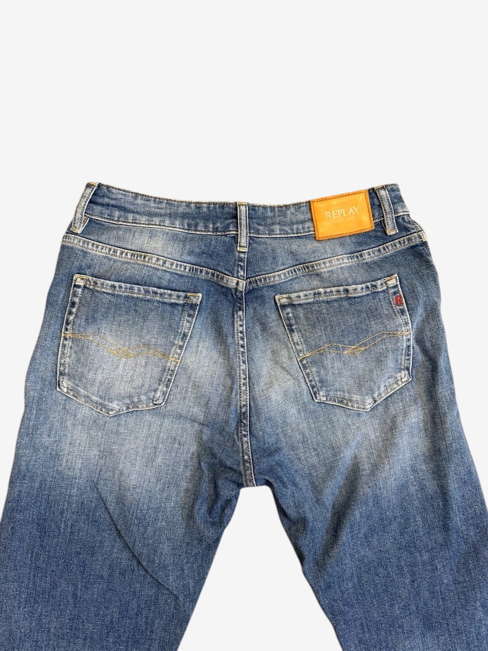 Nordic Jeans Co. Replay Marty regular fit denim jeans in medium blue wash with back pockets and leather-look patch.