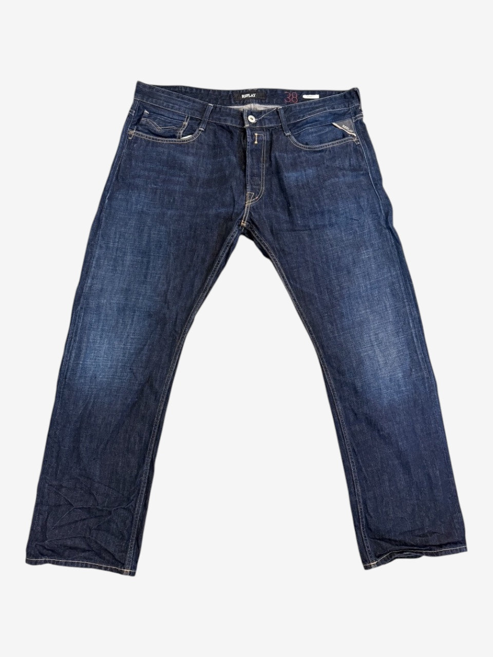 Nordic Jeans Co. REPLAY Newbill regular fit men's denim jeans in a dark indigo wash with subtle fading.