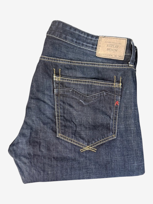 Nordic Jeans Co. REPLAY Newbill dark indigo cotton denim jeans with contrast stitching and back pocket R embroidery