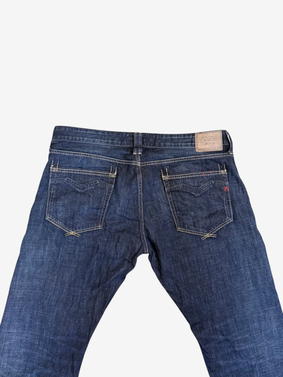Nordic Jeans Co. REPLAY Newbill dark indigo denim jeans with back pocket embroidery and leather logo patch