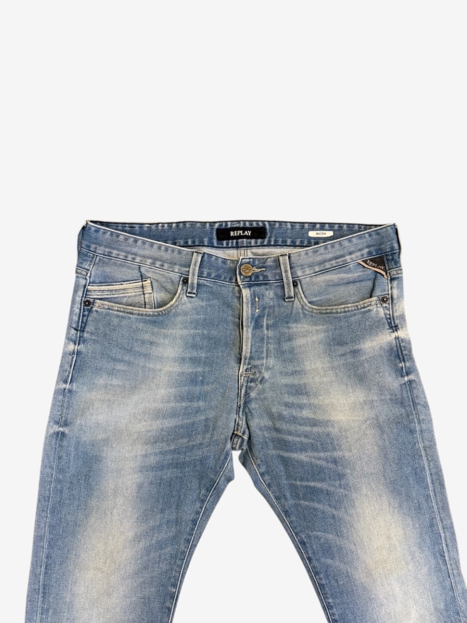 Nordic Jeans Co. REPLAY Waitom light-wash regular fit denim jeans with signature coin pocket logo and metal hardware.